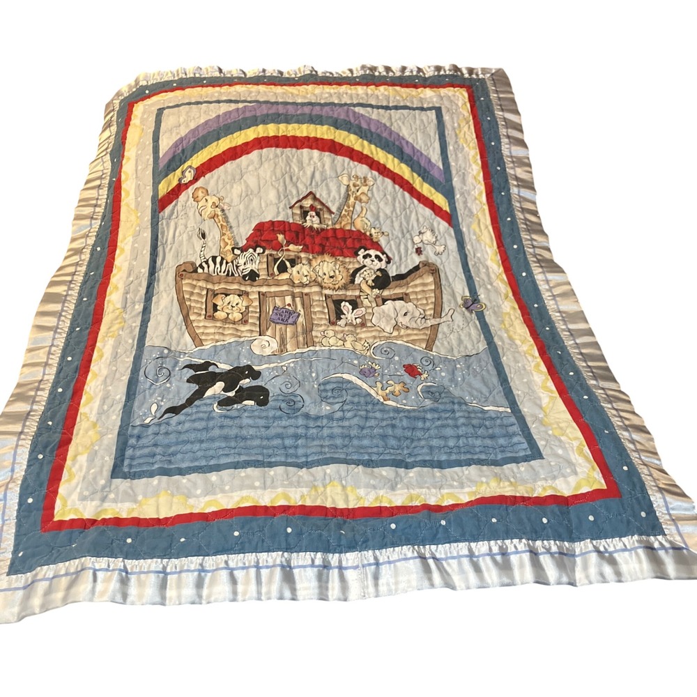 Noahs Ark Quilted Baby Blanket Homemade Blue Multicolor Satin Ruffle Vintage